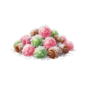 Colorful Traditional Cenil Cakes with Grated Coconut on a White Plate in Animation Style