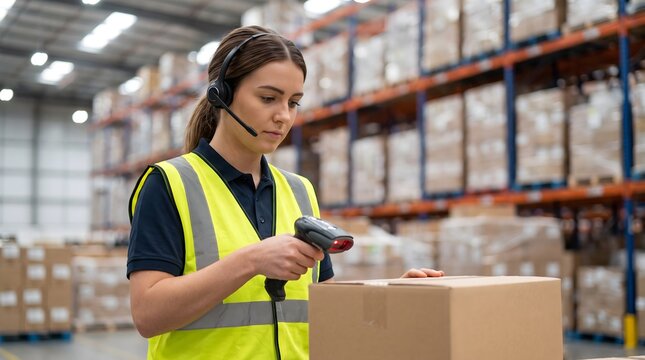 Young female warehouse worker scanning a cardboard box with a handheld barcode reader while wearing a headset for efficient logistics and supply chain management.