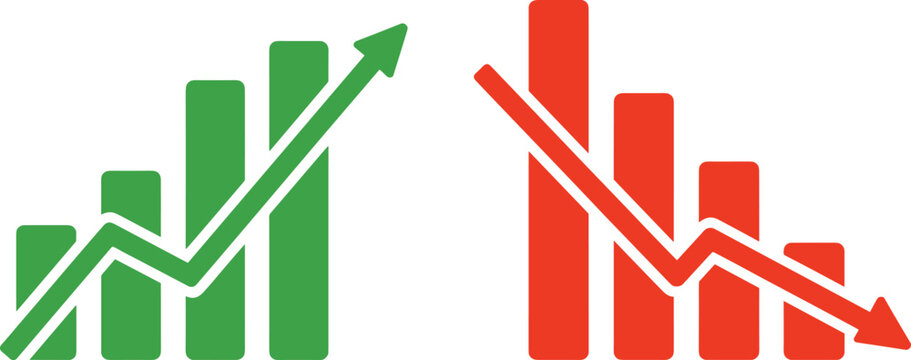 Two bar chart showing financial growth in green and financial decline in red, featuring upward and downward arrows on white background