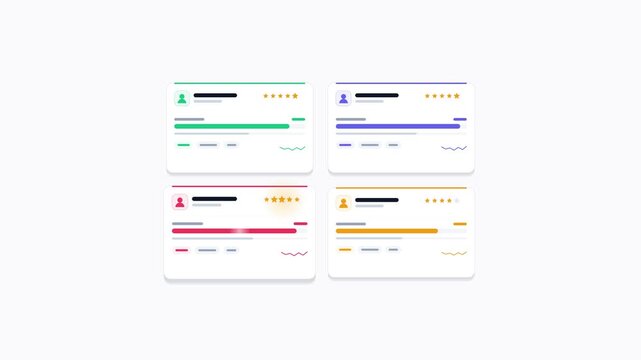 Animated customer review cards with star ratings appearing on screen