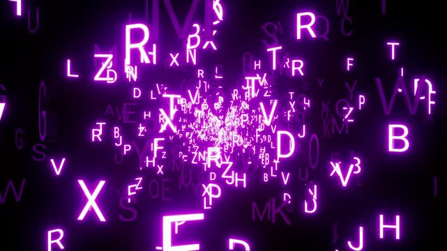 Flying and Flickering Neon Lights Alphabet Letters Background