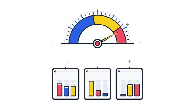 Animated dashboard speedometer showing performance metrics with bar charts