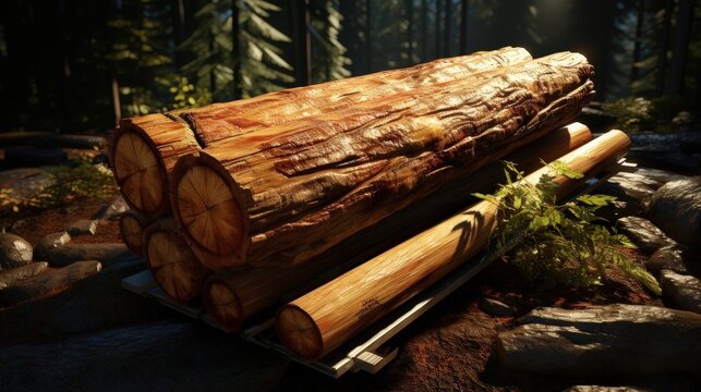 A stack of freshly felled logs sits on a metal platform in a sun-dappled forest, a testament to the cycle of life and the raw power of nature.