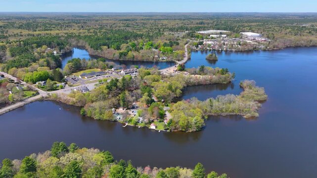 Norton Reservoir aerial view in spring in town of Norton, Bristol County, Massachusetts MA, USA. 