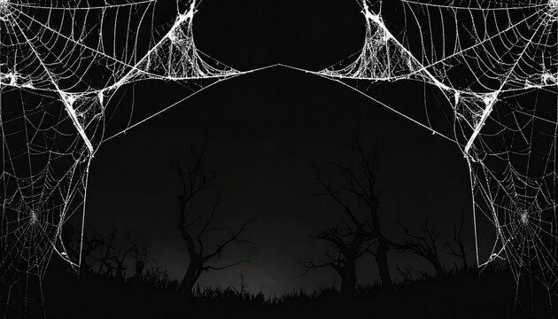 Creepy spider webs isolated on black banner halloween background