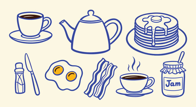 Retro breakfast food icons set, vintage line art of pancakes and eggs, morning coffee and tea vector collection for menu design