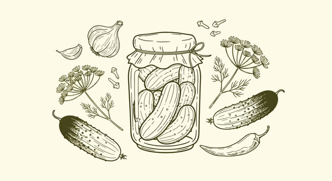 Vintage hand drawn pickled cucumbers in glass jar, rustic sketch of fermented vegetables with dill and garlic, organic food vector
