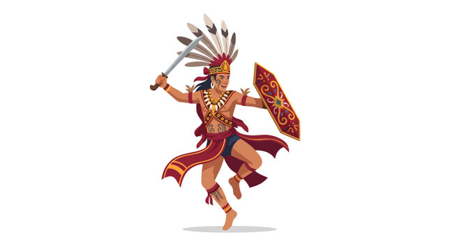 Traditional Dayak Warrior Dancing with Sword Mandau and Shield Vector Illustration