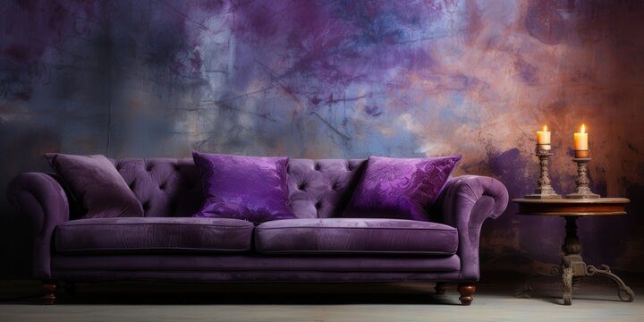 A plush purple velvet sofa with button tufting sits against a textured wall, adorned with candlesticks holding lit candles, creating a cozy and inviting atmosphere.