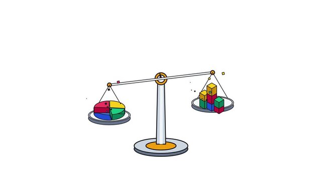 Animated scale balancing a pie chart and cubes for data comparison
