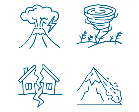 Set of natural disasters icons including volcano eruption, tornado, earthquake, and avalanche