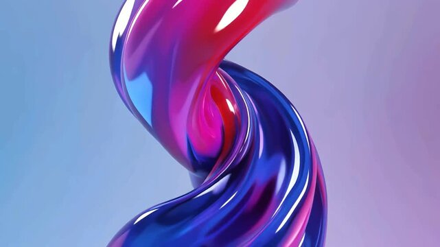 Twisted abstract 3D fluid shape displays vibrant glossy gradients of magenta pink and royal blue with shiny reflective highlights.