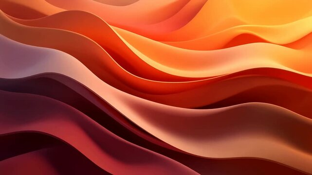 Abstract wavy paper art background features layered smooth curved ribbons in vibrant warm orange, red, and peach gradients.
