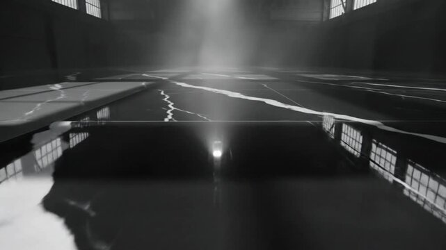 Dramatic black and white polished floor with crack pattern, light beam shining through industrial building
