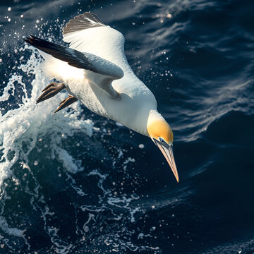 A northern gannet, a type of seabird, diving rapidly towards the deep blue ocean water to hunt, with white and black plumage and a yellow head.