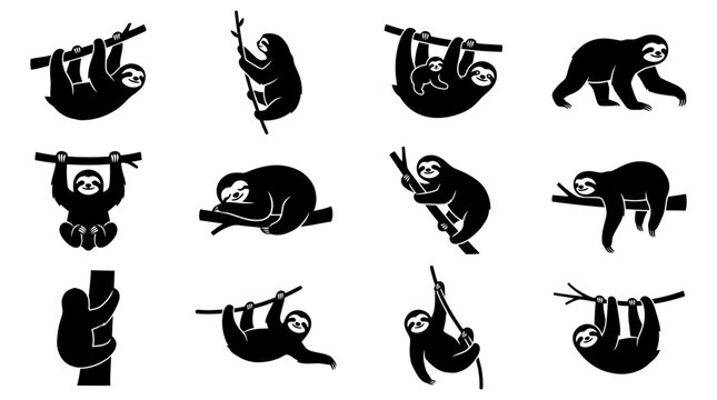Set of black sloth silhouettes in various poses hanging and climbing on tree branches.