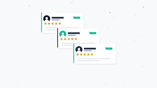 Customer reviews appearing on screen with five star ratings for feedback