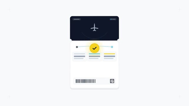 Digital airline boarding pass interface with flight confirmation animation