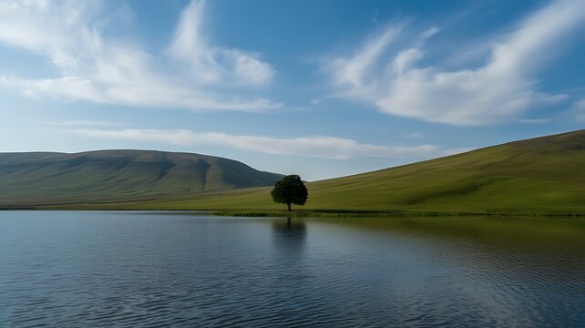 Peaceful landscape showcasing a serene lake, rolling hills, and a solitary tree under a sky with wispy white clouds. 