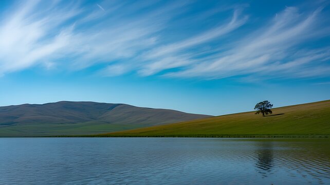 Peaceful landscape showcasing a serene lake, rolling hills, and a solitary tree under a sky with wispy white clouds. 