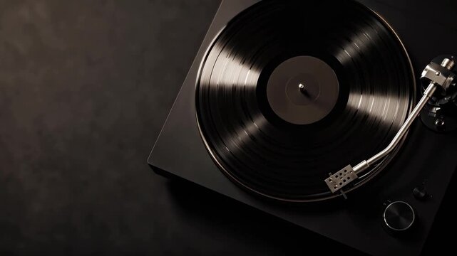 Black vinyl record on turntable with large copy space, retro music concept for audio advertising