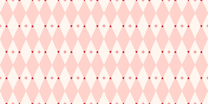 Cute pink hand drawn rhombus seamless pattern with tiny heart and star. Irregular diamond shaped background. Girly coquette print for textile, fabric and wrapping paper. Vector illustration