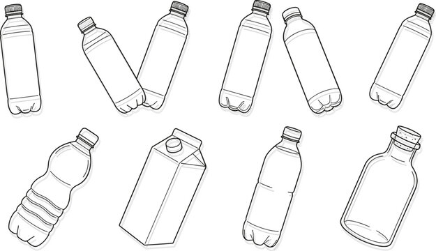 Plastic bottles carton pack and glass jar packaging container outline line icon collection vector on white background