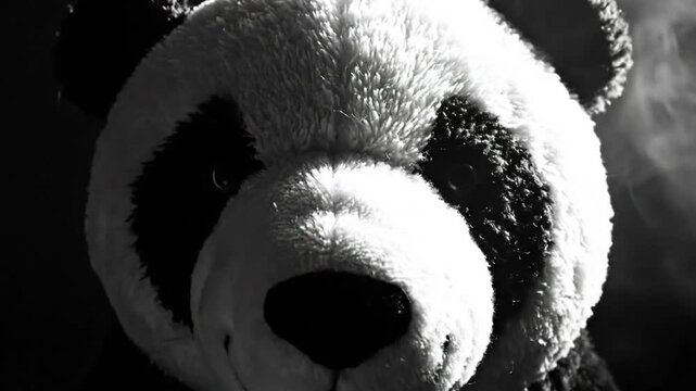 Dramatic black and white close-up of a giant panda plush toy with a mysterious smoky background