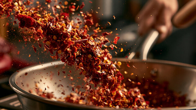 Chili flakes flying out of a pan during cooking in a warm kitchen. Dynamic action shot for culinary advertisements and restaurant menus.