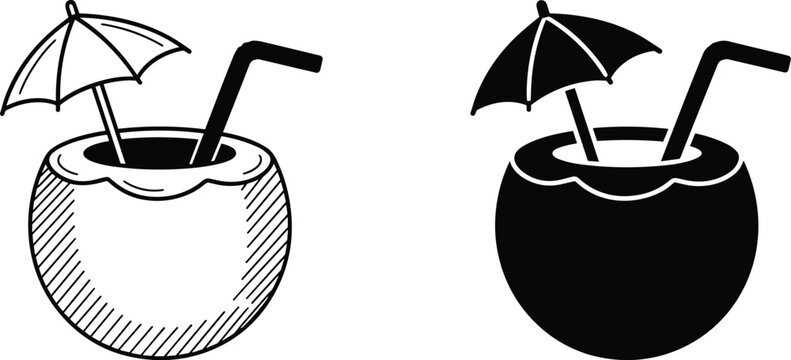 Fresh tropical coconut drink icon set featuring straw and umbrella details for summer vacation beach party graphics