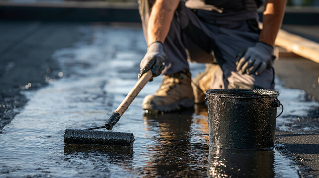 A construction worker applies liquid waterproofing bitumen with a roller on a flat roof. Perfect for roof renovation and damp proofing contractor ads.