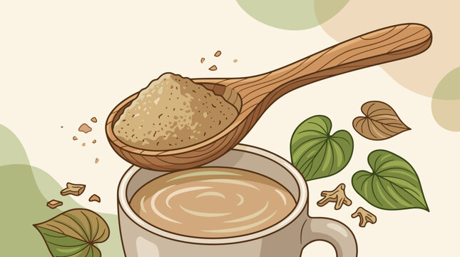 Vector illustration of kava kava root powder in a wooden spoon above a mug of beverage, with green piper methysticum leaves and dried root pieces on a stylized graphic background.