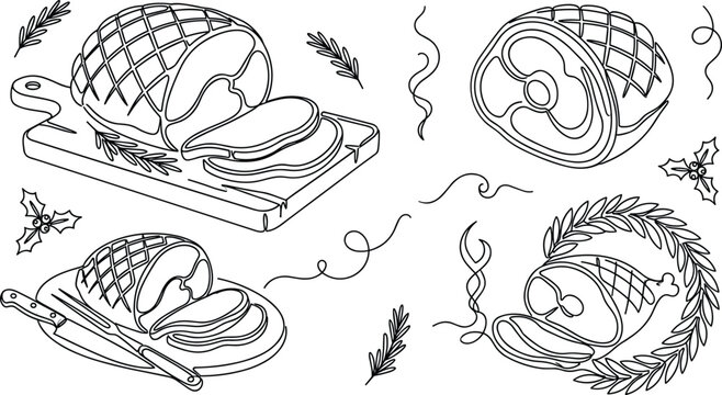 Holiday Glazed Ham Vector Illustration Set Featuring Roasted Pork Slices on Cutting Board with Rosemary and Holly Elements for Festive Christmas Dining Designs