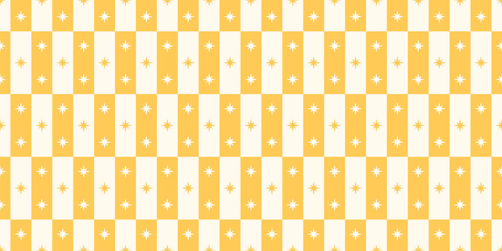Yellow checkered seamless pattern with star. Retro geometric summer background. Vertical straight stripes. Playful vintage summer print for textile, fabric and wallpaper. Vector illustration