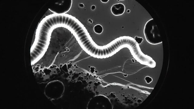 Microscopic view of a glowing segmented worm-like organism with background details in black and white