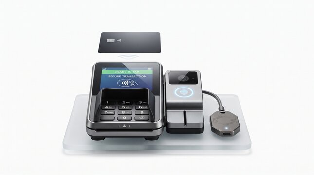 Contactless payment terminal with credit card, modern POS system for retail checkout, electronic card reader on white background