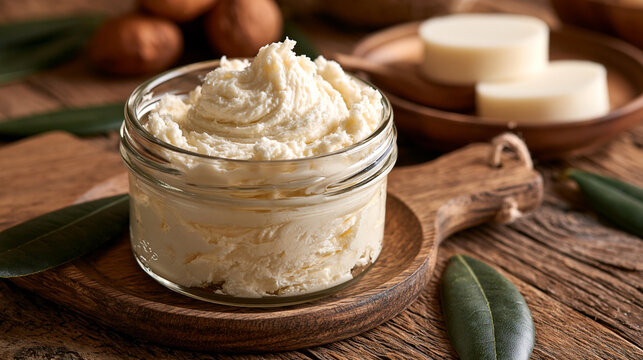 Fresh whipped shea butter in a glass jar on a rustic wooden table with nuts and leaves. Ideal for natural cosmetic and skincare product advertising.
