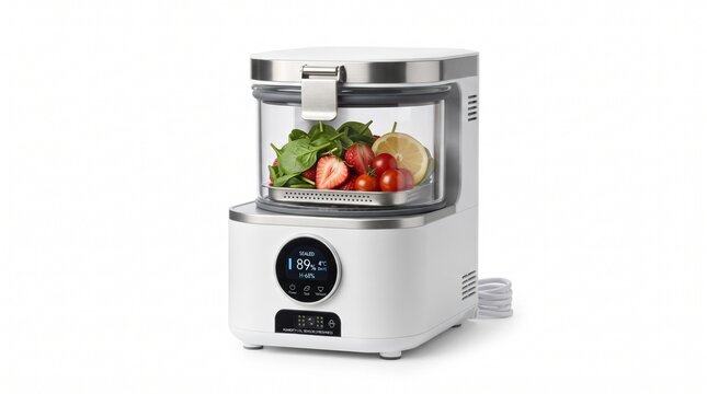 Modern smart food composter with fresh organic waste, white kitchen appliance for indoor recycling, sustainable home technology