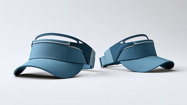 Two modern textured blue sports sun visor hats displayed from front and side angles on plain light gray background product showcase for fashion accessories