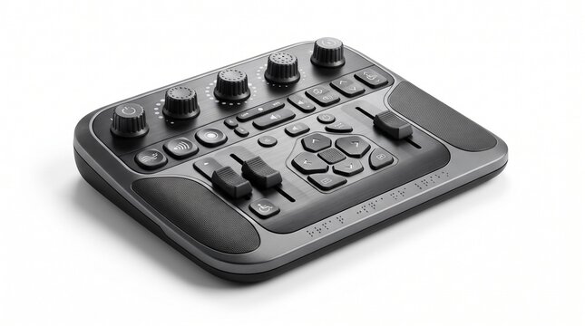 Professional video editing console with rotary knobs and sliders. Digital photo retouching controller. Creative workflow hardware on white background.