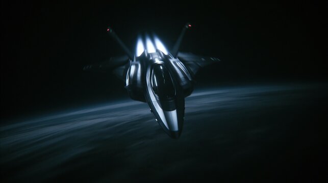 Futuristic stealth combat jet fighter flying at high speed through dark space environment 3d illustration military aviation and aerospace concept