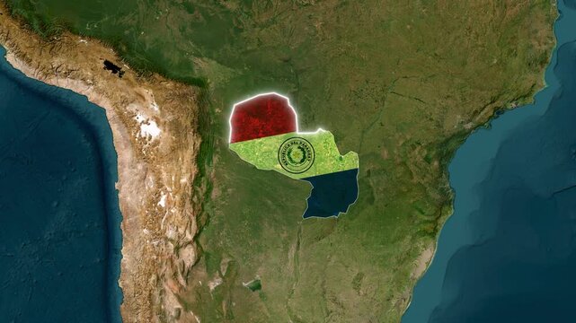 Paraguay national flag glowing on satellite map animation