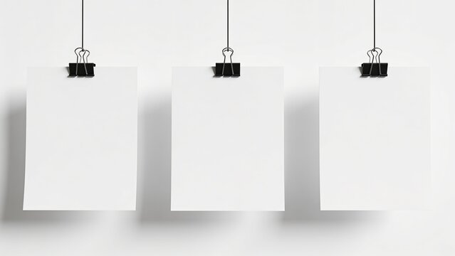 features a minimalist style with three blank sheets of paper hanging vertically against a white background. Each sheet is suspended by two black binder clips attached to thin, black strings. 