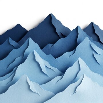 Papercut blue mountain range, layered paper craft landscape, minimalist 3D mountain peaks, textured paper art background