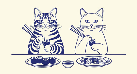 Japanese style cat illustration, cute cats eating sushi with chopsticks, blue line art of kittens dining on maki and nigiri © FATEMA