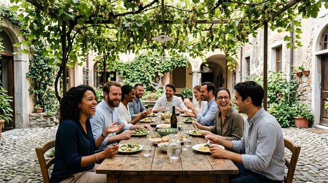 Diverse friends laughing while dining at a long wooden table in a vineyard