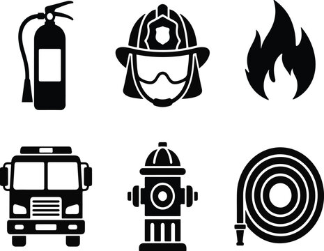 Fire department and firefighting equipment icon set featuring fire truck hydrant hose extinguisher and firefighter helmet fire safety fire protection fire flame emergency services