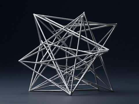 Complex silver metal wireframe geometric polyhedral star sculpture standing on dark blue background abstract modern geometric art and architecture concept