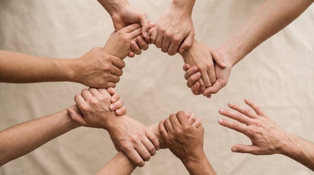 Diverse group of people holding hands in a circle symbolizing unity, teamwork, support, friendship, and collaboration for business or social community projects, overhead view