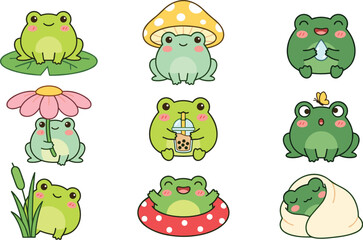 Fototapeta premium Cute Kawaii Frog Character Collection, Adorable Frogs with Mushrooms, Flowers, Berries and Nature Elements Cartoon Vector Set